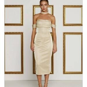 ALAMOUR Women Casual Off Shoulder Sleeve Midi Dress Party Glitter Cream XSmall